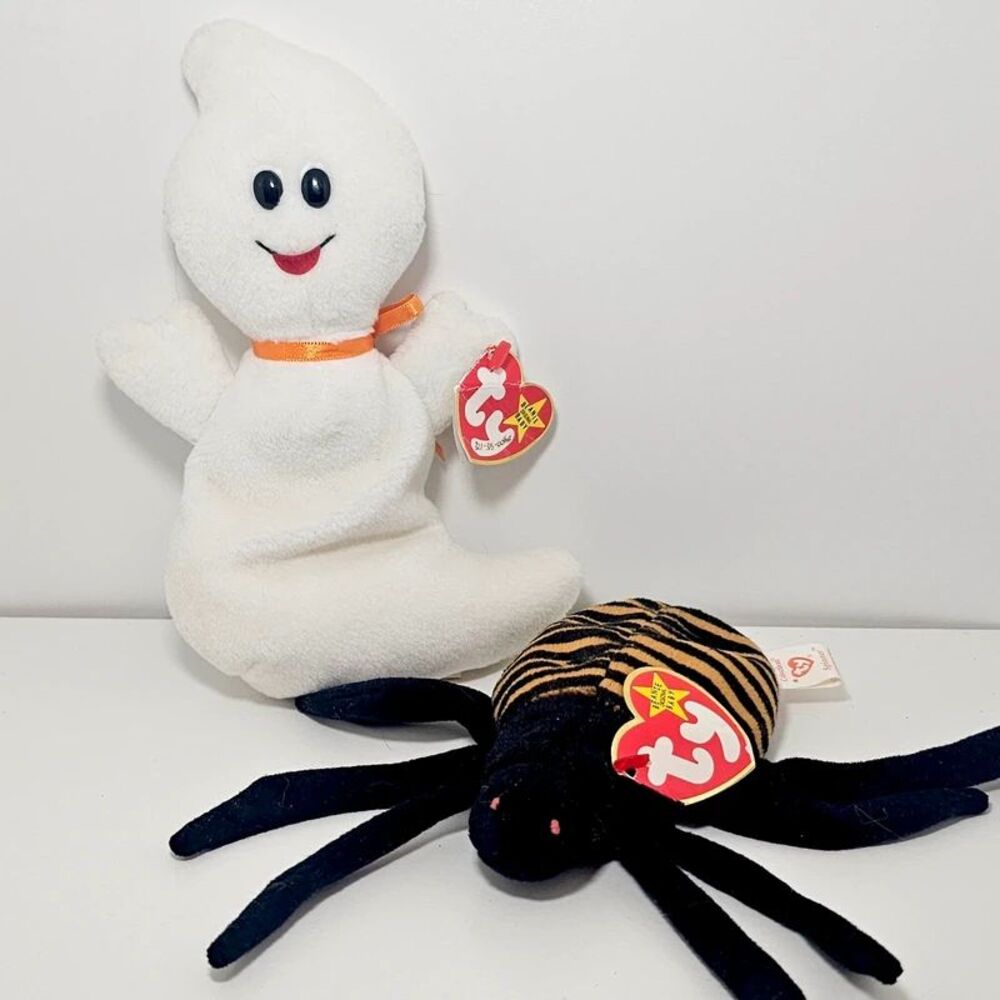 Lot of 2 Ty Beanie Babies Halloween Spooky Ghost & Spinner Spider Plush Toy